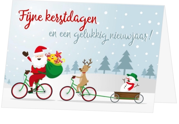 Kerstkaart kerstman en rendier op de fiets