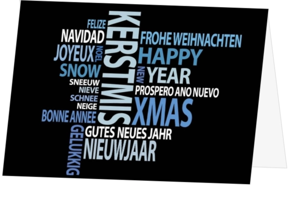 Zwarte kerstkaart met kerstwensen in lichte letters