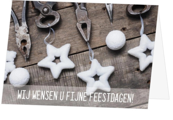 Kerstkaart met gereedschap en sneeuwfiguren