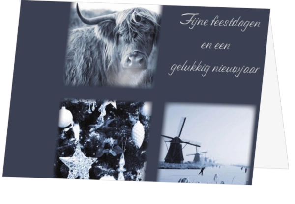 Donkerblauwe kerstkaart met Hollandse foto's