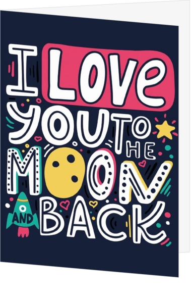 Vintage kaart blauw met de tekst Love you to the moon and backc