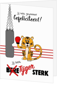 Grappige kinderkaart met een tijgertje met een bokshandschoen