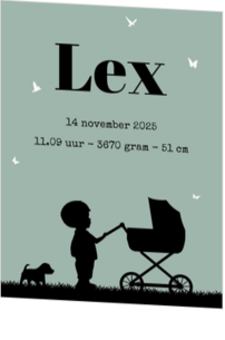 Poster 1 groen met zwart jongen en kinderwagen silhouet