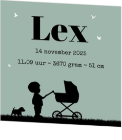 Poster 3 groen met zwart jongen en kinderwagen silhouet