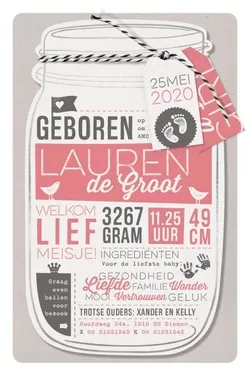 Lauren Thomas Nick - Geboortekaartje in de vorm van een hippe Mason Jar met label