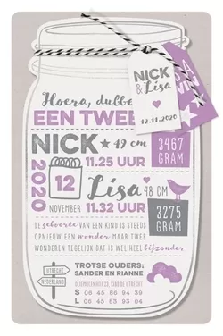 Lauren Thomas Nick - Geboortekaartje in de vorm van een hippe Mason Jar met label