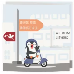 Geboortekaartje drieluik pinguin op scooter