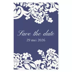 Save the date blauw met wit kant