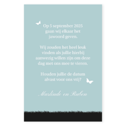 Save the date silhouet bruidspaar blauw