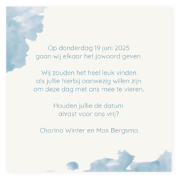 Save the date blauwe waterverf met zilver folie