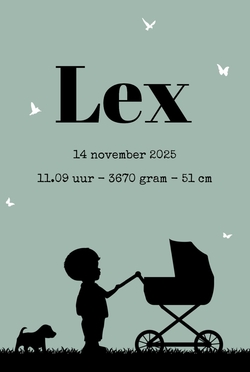 Poster 2 groen met zwart jongen en kinderwagen silhouet