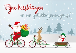 Kerstkaart kerstman en rendier op de fiets