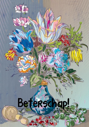 Beterschapskaart rustiek bloemstuk in vaas blauw