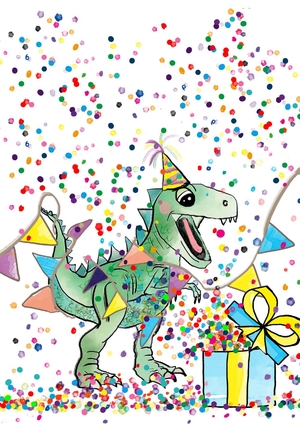 Verjaardagkaart met een feestelijke dinosaurus