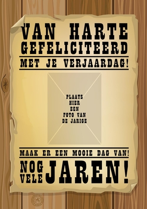 Verjaardagskaart hout western wanted